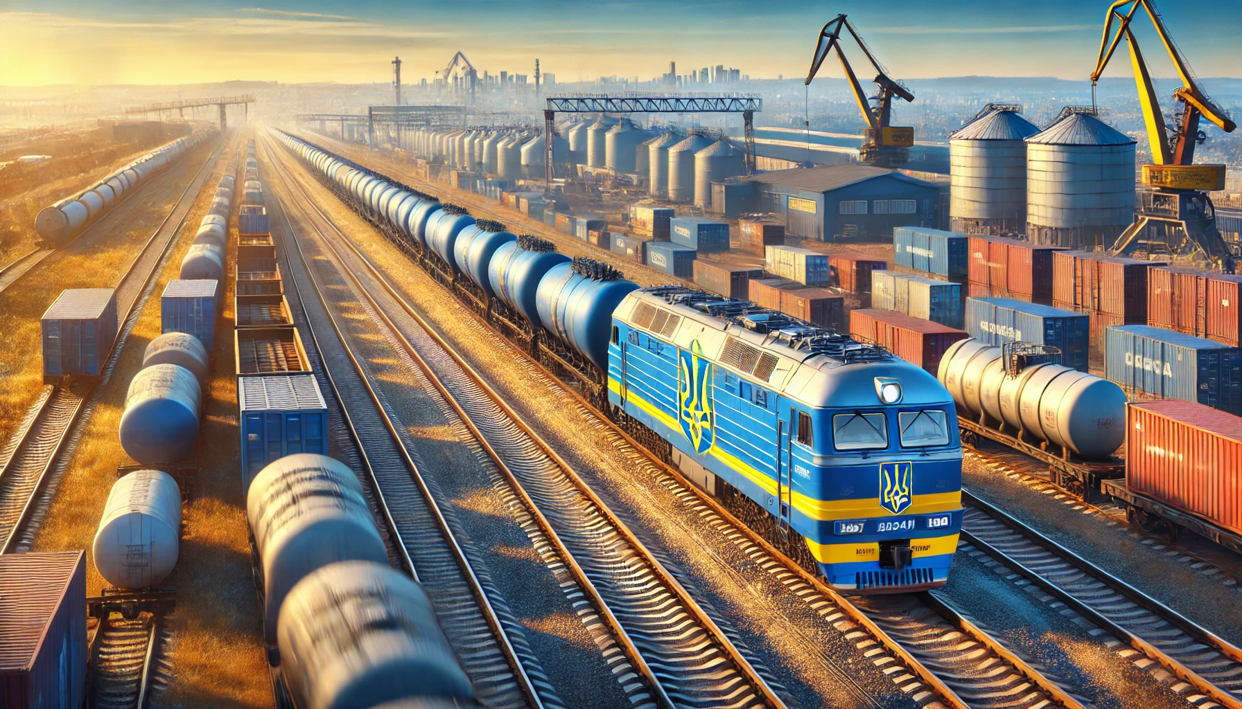 DALL·E 2025-02-28 14.53.59 - A realistic digital painting of a Ukrainian rail cargo transportation scene. A long freight train painted in blue and yellow, representing the Ukraini залізничні перевезення